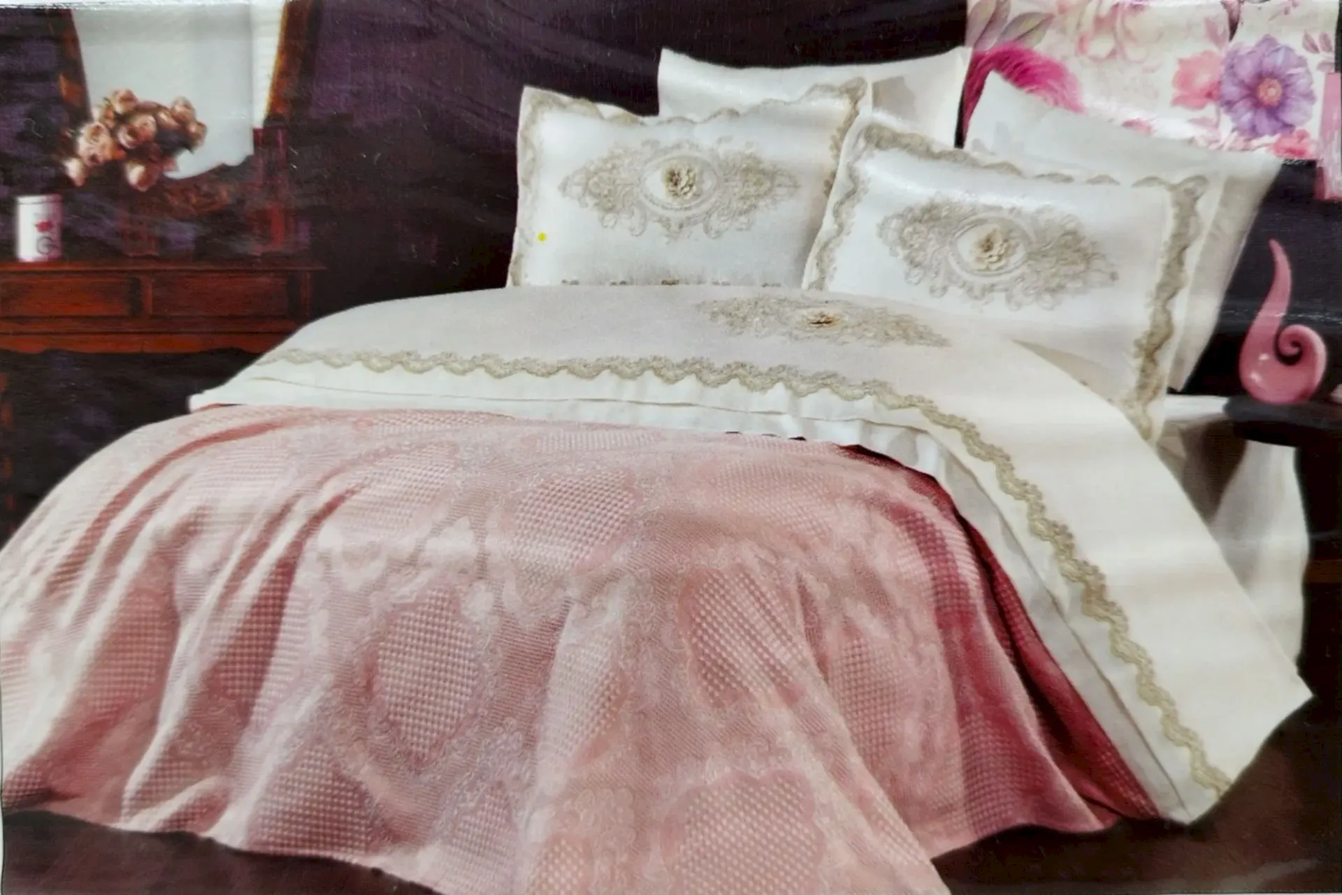 İpekçe Eliza Yatak Örtüsü Seti 6 Parça  Pamuk saten Pudra